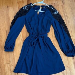 Express Navy Dress with Black Lace Sleeves